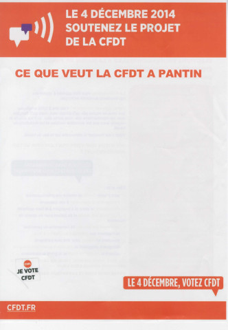 Élections professionnelles du 4 décembre 2014 dans la fonction publique territoriale. - Confédération française démocratique du travail (CFDT) Pantin : tract « Avec nous, donnez de la voix à votre voix ».