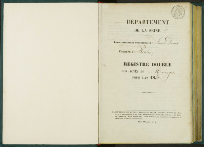 Commune de Pantin : registre des actes de mariage.