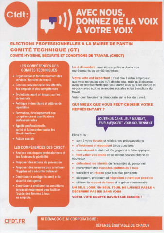 Élections professionnelles du 4 décembre 2014 dans la fonction publique territoriale. - Confédération française démocratique du travail (CFDT) Pantin : tract « Avec nous, donnez de la voix à votre voix ».