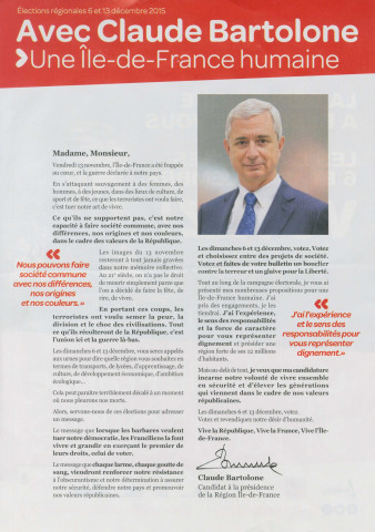 Élections régionales des 6 et 13 décembre 2015. - Premier tour : tract « La République a besoin de vous. Les dimanches 6 et 13 décembre, votez ! » de la liste conduite par Claude Bartolone.