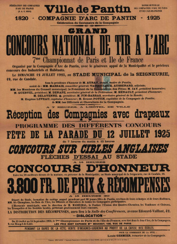 Centenaire de la Compagnie d'arc de Pantin, grand concours national de tir à larc : affiche.