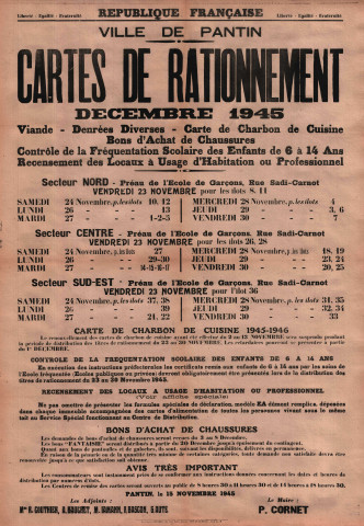Cartes de rationnement par secteurs, attribution : affiche.