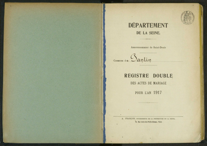 Commune de Pantin : registre des actes de mariage.
