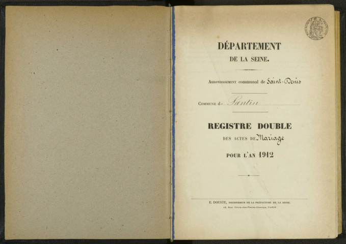 Commune de Pantin : registre des actes de mariage.