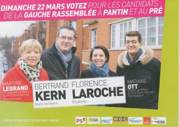 Élections départementales des 22 et 29 mars 2015. - Canton Pantin-Le Pré-Saint-Gervais, premier tour : tract « Dimanche 22 mars votez pour les candidats de la Gauche rassemblée à Pantin et au Pré » de la Gauche rassemblée pour Pantin et le Pré.