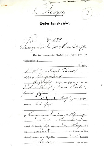 Naissance de Marie Werner [mère de Roger Hasenfratz] le 9 novembre 1979 : photocopie d'un certificat.