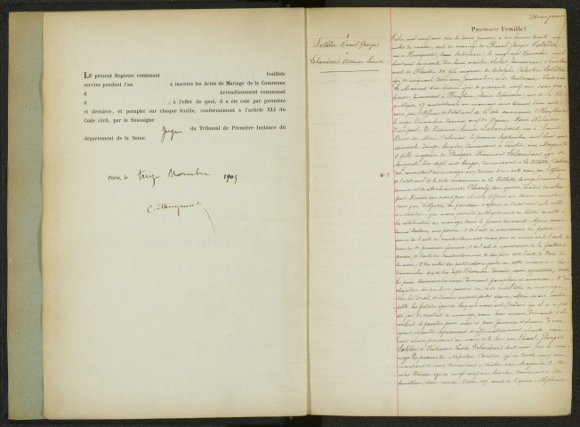 Commune de Pantin : registre des actes de mariage.