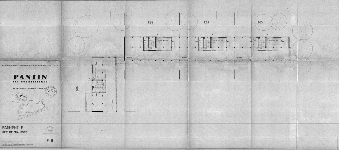 Les Courtillières. - 800 logements économiques et familiaux, projet de construction par la Société immobilière d'économie mixte du département de la Seine : plan du rez-de-chaussée du bâtiment E.