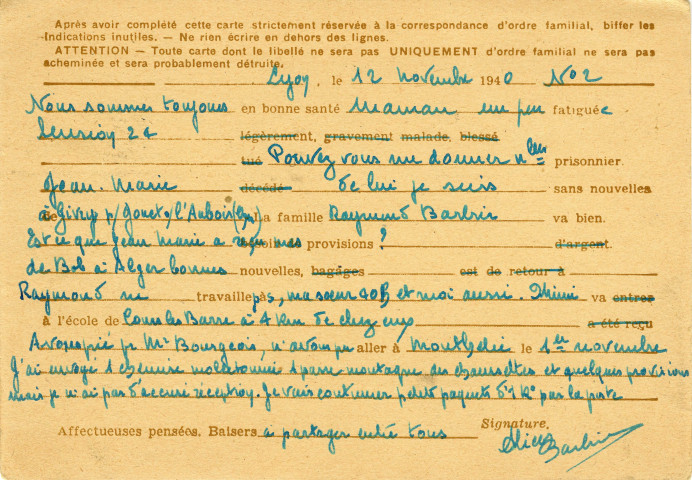 Correspondance entre Anne Bourgeois et Alice Barbier : cartes postales pré-imprimées (12 novembre 1940 et 31 mars 1941).