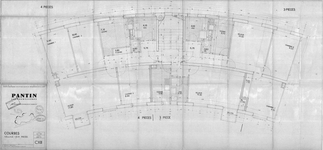 Les Courtillières. - 800 logements économiques et familiaux, projet de construction par la Société immobilière d'économie mixte du département de la Seine : plans de cellule 1-3-4 pièces dans les courbes du Serpentin.