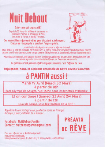 Nuit debout : tract « Rejoignons-nous, et décidons ensemble de notre devenir commun à Pantin aussi ! ».