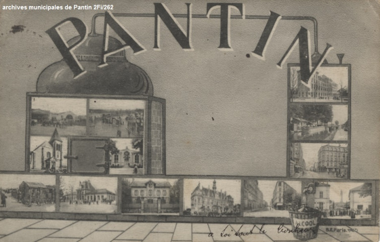 Pantin - Multivues (porte, église, salles des fêtes, zone, gare, mairie, rue, canal, école).