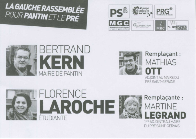Élections départementales des 22 et 29 mars 2015. - Canton Pantin-Le Pré-Saint-Gervais, premier tour : profession de foi et bulletin de vote de la Gauche rassemblée pour Pantin et le Pré.