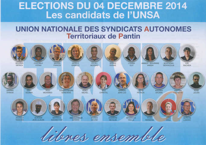 Élections professionnelles du 4 décembre 2014 dans la fonction publique territoriale. - Union nationale des syndicats autonomes (UNSA) Territoriaux de Pantin : tract « Le 4 décembre pourquoi voter pour l'UNSA ? ».