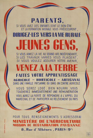 « Jeunes gens, venez à la terre » : affiche.