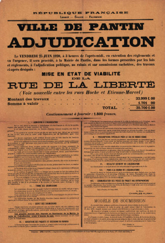 Mise en état de viabilité de la rue de la Liberté : affiche.