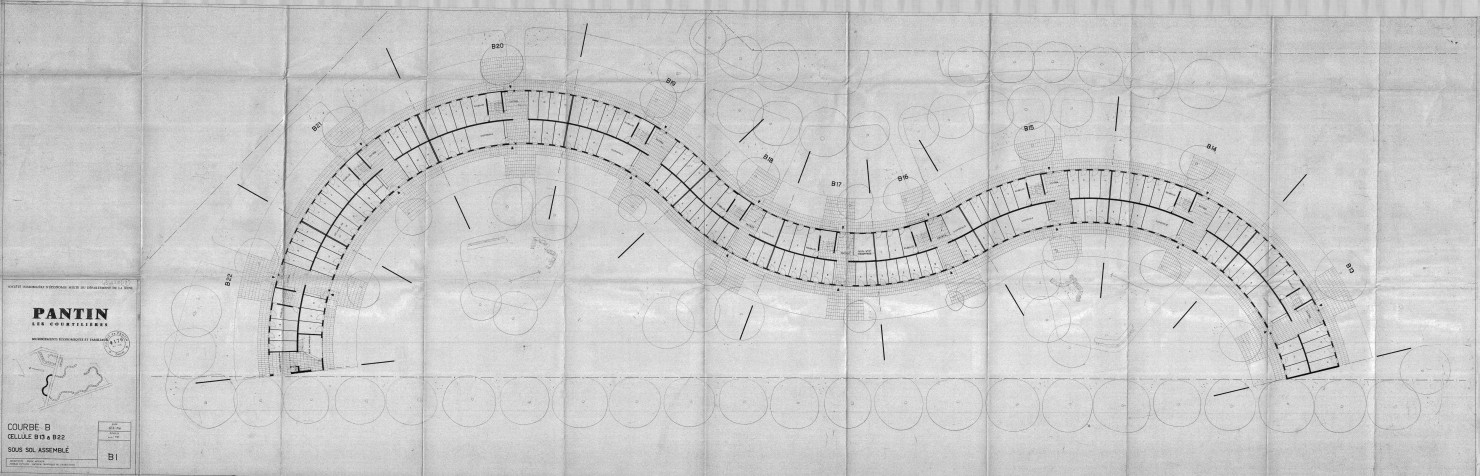 Les Courtillières. - 800 logements économiques et familiaux, projet de construction par la Société immobilière d'économie mixte du département de la Seine : plan du sous-sol de la courbe B du Serpentin (cellules B13-B22).