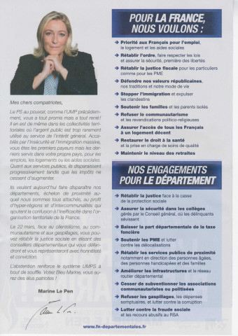 Élections départementales des 22 et 29 mars 2015. - Canton Pantin-Le Pré-Saint-Gervais, premier tour : profession de foi et bulletin de vote du Front national.