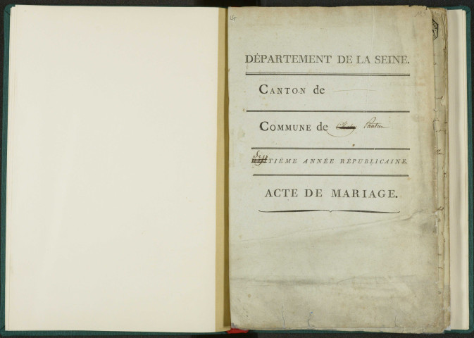 Commune de Pantin : registre des actes de mariage et divorce (an VII-an X).
