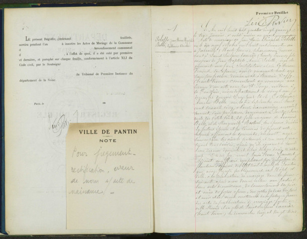 Commune de Pantin : registre des actes de mariage.