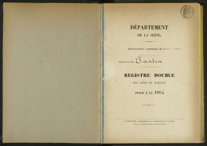 Commune de Pantin : registre des actes de mariage.