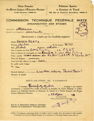 Stages de l'Union française des œuvres laïques d'éducation physique et de la Fédération sportive et gymnique du travail (FSGT), questionnaire aux candidats : formulaire rempli par Michelle Hasenfratz [fille de Roger Hasenfratz et Georgette Baudon].