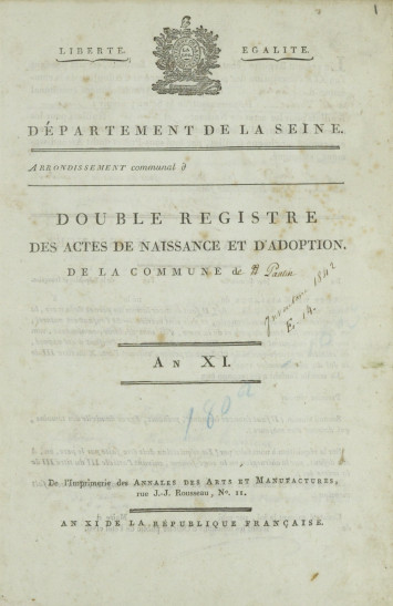 Registre des actes de naissance de 1802 à 1812 - 18W24 Première page du registre des actes de naissance de 1802 à 1812