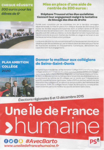 Élections régionales des 6 et 13 décembre 2015. - Premier tour : tract « Mise en place d'une aide de rentrée de 200 euros - Donner le meilleur aux collégiens de Seine-Saint-Denis » du Parti socialiste.