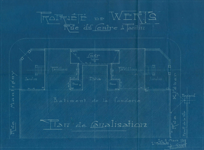 61 rue Jules-Auffret [ancienne rue du Centre], rue Montigny et rue Kléber, travaux pour déversement de canalisation dans la rue Kléber : permis de construire.