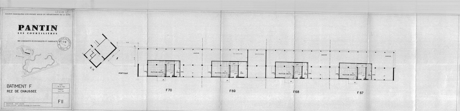 Les Courtillières. - 800 logements économiques et familiaux, projet de construction par la Société immobilière d'économie mixte du département de la Seine : plan du rez-de-chaussée du bâtiment F.