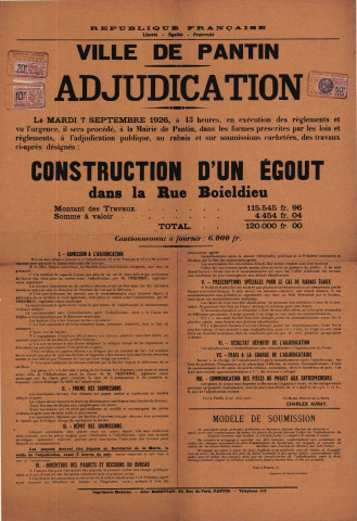 Construction d'un égout rue Boieldieu : affiche.