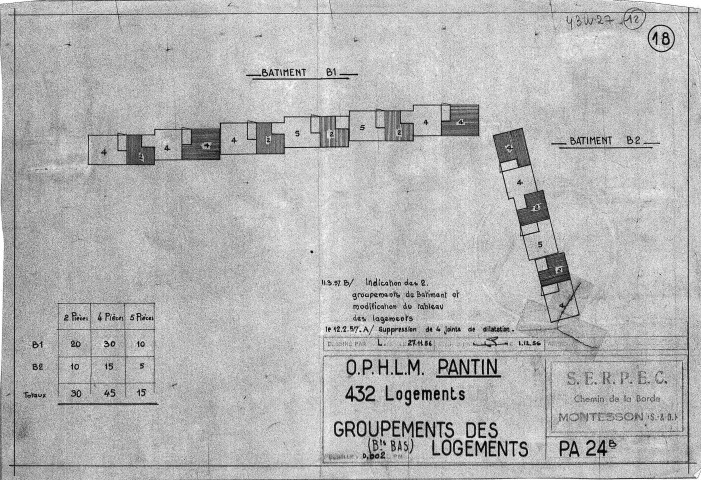 Les Courtillières. - 432 logements, projet de construction par l'Office public d'habitations à loyer modéré de la ville de Pantin : groupements des logements des bâtiments bas 1 et 2.
