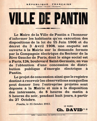 Concession de distribution d'énergie électrique à Pantin : affiche.