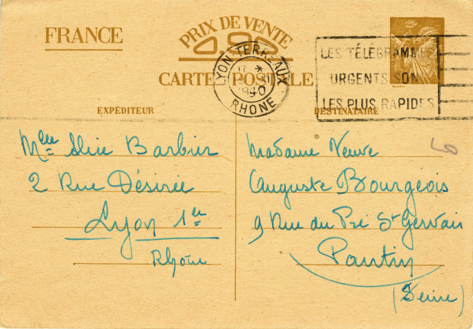 Correspondance entre Anne Bourgeois et Alice Barbier : cartes postales pré-imprimées (12 novembre 1940 et 31 mars 1941).