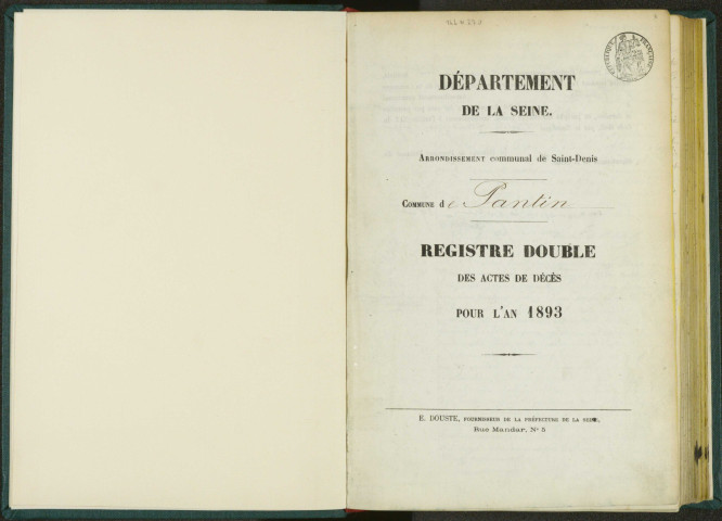 Commune de Pantin : registre des actes de décès.