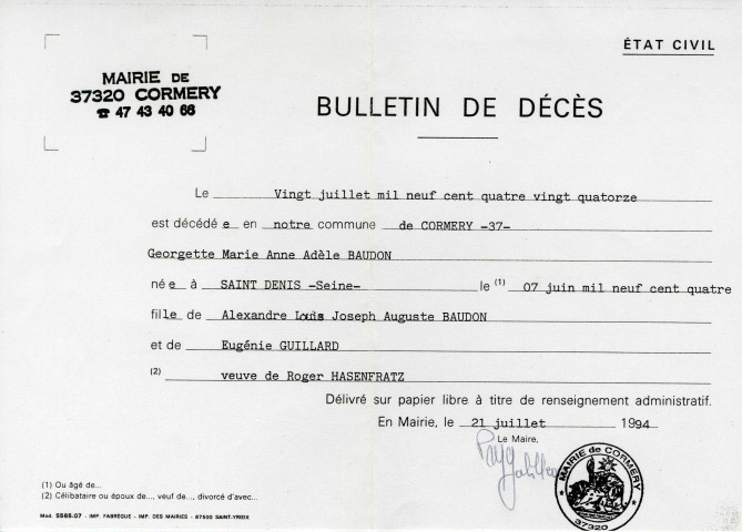 Décès de Georgette Baudon le 20 juillet 1994 : bulletin.