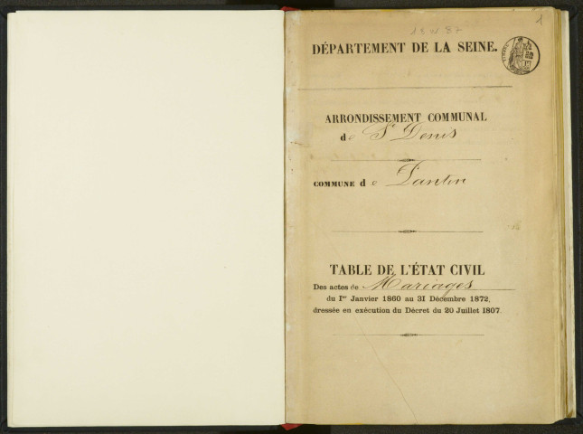 Commune de Pantin : table décennale des mariages.