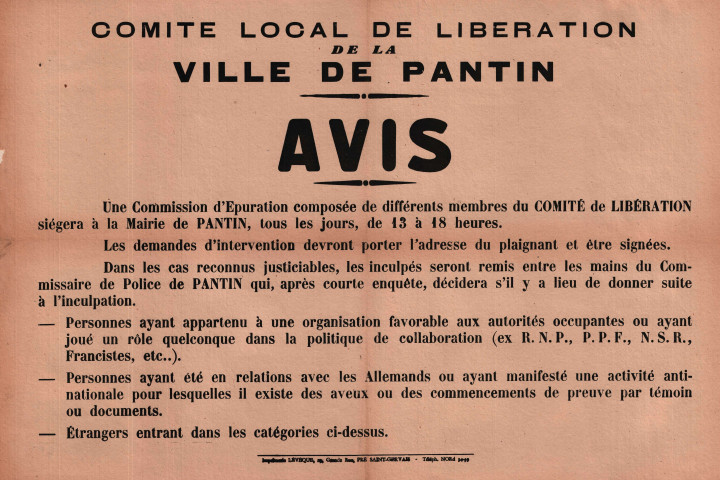 Comité local de libération. - Une commission dépuration siégera en mairie, procédures des plaintes et personnes visées : affiche.