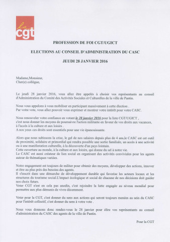 Élections du conseil d'administration du Comité d'activités sociales et culturelles (CASC) de la ville de Pantin le 28 janvier 2016 : profession de foi de la liste de la Confédération générale du travail (CGT) et de l'Union générale des ingénieurs, cadres et techniciens (UGICT).
