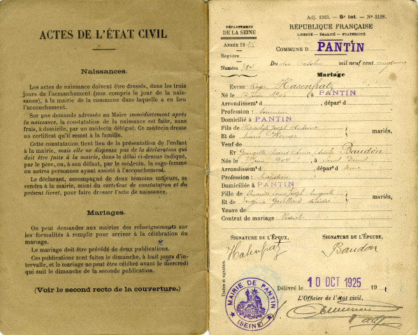 Livret de famille de Roger Hasenfratz et Georgette Baudon.