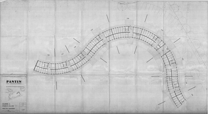 Les Courtillières. - 800 logements économiques et familiaux, projet de construction par la Société immobilière d'économie mixte du département de la Seine : plan du sous-sol de la courbe C du Serpentin (cellules C51-C58).