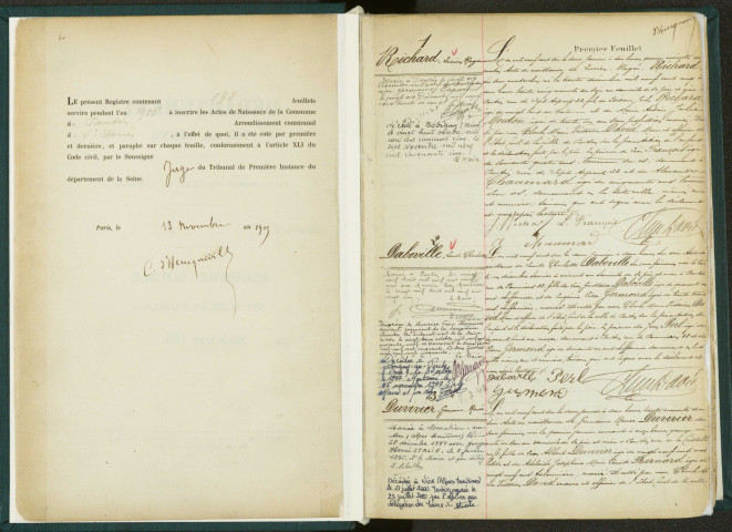 Commune de Pantin : registre des actes de naissance.