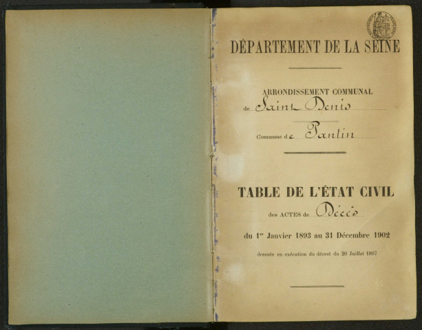 Commune de Pantin : table décennale des décès.