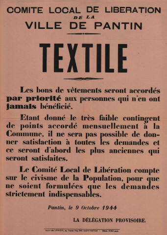 Distribution de bons de textiles par le comité local de libération : affiche.