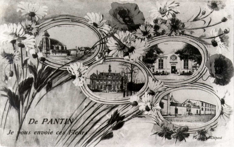 Multi-vues. - Église Saint-Germain, hôtel de ville, salle des fêtes et Manufacture des tabacs : reproduction d'une carte postale.