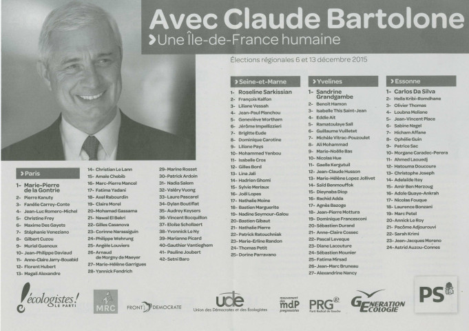 Élections régionales des 6 et 13 décembre 2015. - Premier tour : profession de foi et bulletin de vote de la liste Avec Claude Bartolone une Île-de-France humaine.