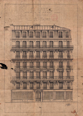 75 avenue Jean-Lolive [ancienne rue de Paris] et 1 rue Eugène-et-Marie-Louise-Cornet [ancienne rue de l'Alliance] [ancienne avenue Nouvelle et avenue de l'Alliance], construction d'un immeuble de rapport de six étages : permis de construire.