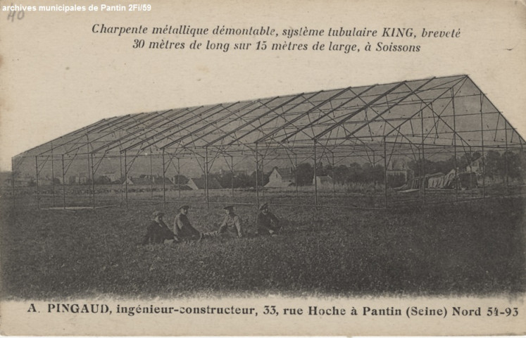 Publicité pour charpente métallique démontable par A. Pingaud, ingénieur-constructeur au 33 rue Hoche.