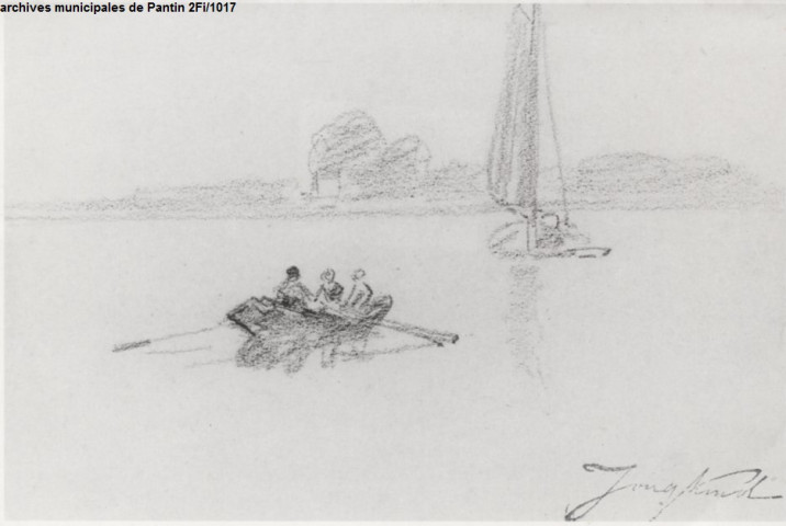 Reproduction d'un dessin de Johan Barthold Jongkind, Voilier et barque.