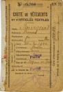 Cartes de rationnement : carte de vêtements et d'articles textiles (1944) et carte d'alimentation (1946-1949) de Bernard Bourgeois, cartes de charbon pour le chauffage d'André Bourgeois (1946 et 1947-1948). Tickets de rationnement pour les denrées diverses (1948), le lait (1949), le pain (1949) et les suppléments alimentaires (s.d.).